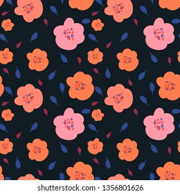 Seamless pattern with bright colorful flowers on dark background.  Contras floral ornament