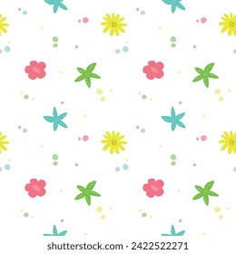 Seamless pattern with bright colorful flowers and dots. Vector illustration for designs, prints and patterns. Isolated on white background.