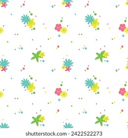 Seamless pattern with bright colorful flowers and dots. Vector illustration for designs, prints and patterns. Isolated on white background.