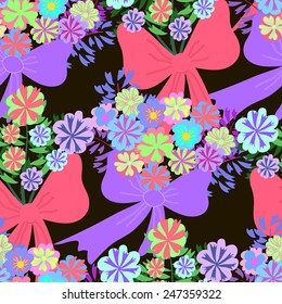 Seamless pattern with bright colorful flowers with lilac and pink bows. Summer floral background. 