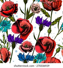Seamless pattern with bright colorful flowers cornflowers and poppies, on a light background. Vector.