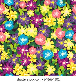 Seamless pattern with bright colorful flowers on a dark background. Rich  floral texture for Wallpaper, interior, tiles, print, textiles, packaging and various types of design. Boho Style. vector. 