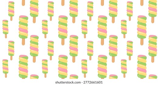 seamless pattern with bright colorful fruit ice cream popsicles on white background