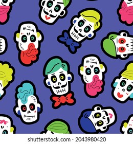 Seamless pattern with bright colorful funny skulls. Background for Halloween and the Day of the Dead. a pattern with sugar skulls. Vector illustration