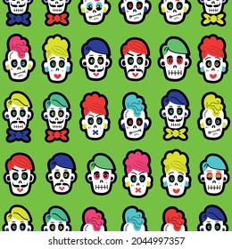 Seamless pattern with bright colorful funny skulls. Background for Halloween and the Day of the Dead. a pattern with sugar skulls. Vector illustration
