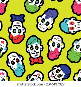 Seamless pattern with bright colorful funny skulls. Background for Halloween and the Day of the Dead. a pattern with sugar skulls. Vector illustration