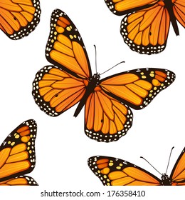 Seamless pattern with bright colorful hand drawn monarch butterflies. Vector illustration