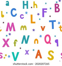 Patrón inmaculado con letras de doodle de colores vivos dibujadas a mano y estrellas para niños y diseño y accesorios para bebés.