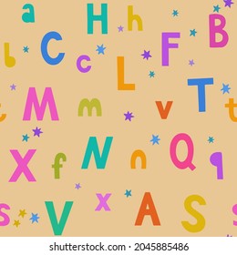 Patrón inmaculado con letras de doodle de colores vivos dibujadas a mano y estrellas para niños y diseño y accesorios para bebés.