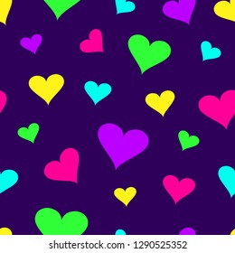 Seamless pattern with bright colorful hearts on purple background. Vector illustration