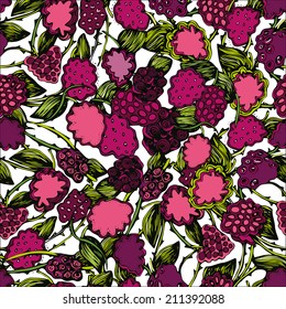 A seamless pattern with bright colorful image of blackberry branches on a white background.  The template can be used for packaging, printing on cups, bags, wallpaper, textiles.