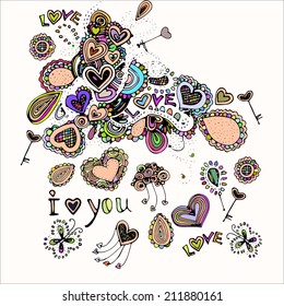 A seamless pattern with bright colorful image of icons with hearts on a white background. 