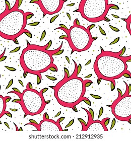 Seamless pattern with bright colorful image of fruit pitahaya on a white background with dots and leaves