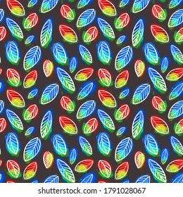 patrón transparente de hojas coloridas brillantes sobre un fondo negro. Patrón de hojas. Patrón botánico. El patrón de otoño. Diseño para papel, ropa, textiles, blogs. ilustración vectorial