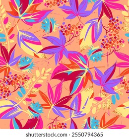Seamless pattern with bright and colorful leaves. Maple leaves, rowan berries, chestnut fruits. Autumn pattern. Pink and purple colors. Vector illustration.