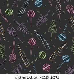 Seamless pattern of bright colorful line art of lollipops with sprinkles on a dark grey background.