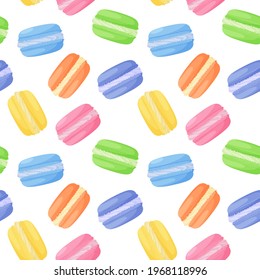 Seamless pattern with bright colorful macaroon cakes. Sweet food. Bright delicious colored flat cartoon vector elements on a white background.