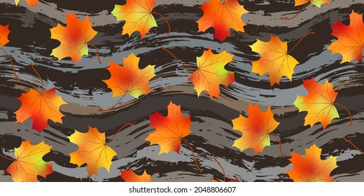 Seamless pattern of bright colorful maple autumn foliage on grunge waves background. Autumn graphic design symbol. Red orange yellow dry autumn leaves. Autumn foliage seasonal background. Vector