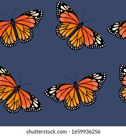 Seamless pattern with bright colorful  monarch butterflies on dark background. Vector illustration