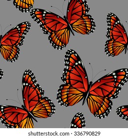 Seamless pattern with bright colorful  monarch butterflies. Vector illustration on grey