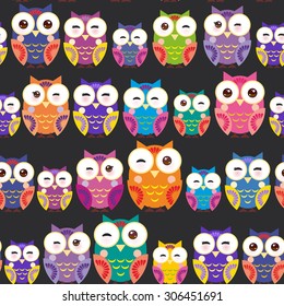 Seamless pattern - bright colorful owls on black background. Vector