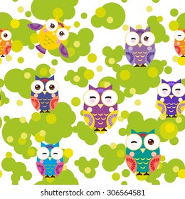 Seamless pattern - bright colorful owls and green leaves on white background. Vector