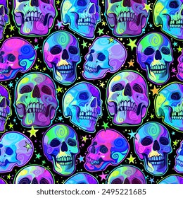 Seamless pattern of bright colorful painted skulls