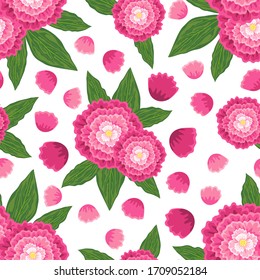Seamless pattern with bright colorful peonies. Vector illustration.