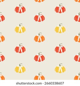 Seamless pattern with bright colorful pumpkins and bows on beige background. Designe for print, fabric, wallpaper, wrapping paper