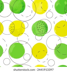 Seamless pattern with bright colorful round spots, circles and dots. Abstract watercolor hand painted background. Modern fun design of pattern for wrapping paper, fabric.