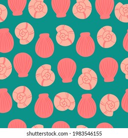 Seamless pattern with bright and colorful sea shells