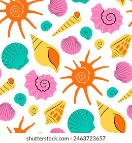 Seamless pattern with bright colorful Sea shells on white background in modern flat style. Trendy pattern for fabric, textile, wrapping paper, wallpaper, stickers, notebook cover. Vector illustration