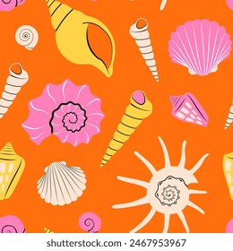 Seamless pattern with bright colorful Sea shells on orange background in modern flat style. Trendy pattern for fabric, textile, wrapping paper, wallpaper, stickers, notebook cover. Vector illustration