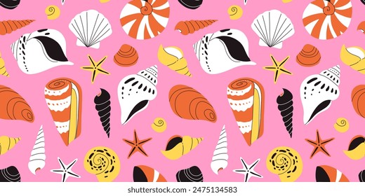 Seamless pattern with bright colorful Sea shells on orange background in modern flat style. Trendy pattern for fabric, textile, wrapping paper, wallpaper, stickers, notebook cover