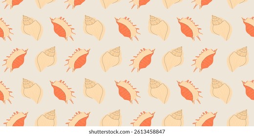 Seamless pattern with bright colorful Sea shells on beige background in modern flat style. Trendy pattern for fabric, textile, wrapping paper, wallpaper, stickers, notebook cover