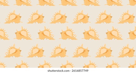 Seamless pattern with bright colorful Sea shells on beige background in modern flat style. Trendy pattern for fabric, textile, wrapping paper, wallpaper, stickers, notebook cover