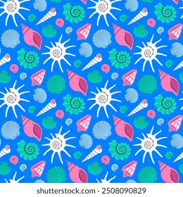 Modelo inconsútil con las conchas de mar coloridas brillantes en el fondo azul en estilo plano moderno. Patrón de moda para la tela, textil, papel de embalaje, Fondo de pantalla, pegatinas, cubierta del cuaderno. Ilustración vectorial