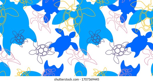 seamless pattern with bright colorful silhouettes of turtles on a white background. baby background. Modern abstract design for packaging, paper, cover, fabric, interior decor