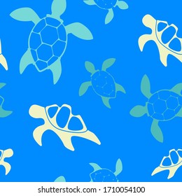 seamless pattern with bright colorful silhouettes of tropical turtles on a light blue background. Modern abstract design 