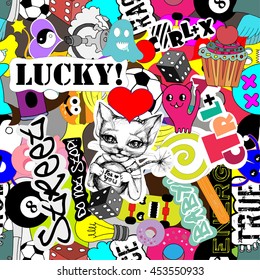 Seamless pattern bright colorful stickers characters vector background,