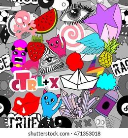 Seamless pattern bright colorful stickers vector background