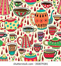 Seamless pattern with bright colorful tea cups and teapots