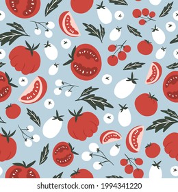 Patrón inmaculado de tomates vivos y coloridos sobre un fondo azul en un estilo moderno. Ilustración del vector