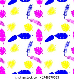 Patrón sin foco con hojas tropicales coloridas y brillantes sobre un fondo blanco. Ilustración vectorial de material para la decoración y el diseño, papel envolvente, papel tapiz, telas, postales, carteles y páginas web