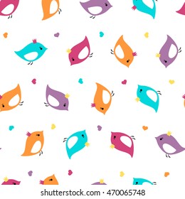 Seamless pattern with bright colors birds with crown and hearts. Background for kid textile, pajama, paper print, card and other design. Hand drawn simple and cute vector illustration.