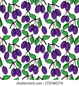 seamless pattern in bright colors, branch with plums, ornament for wallpaper and fabric, paper for design
