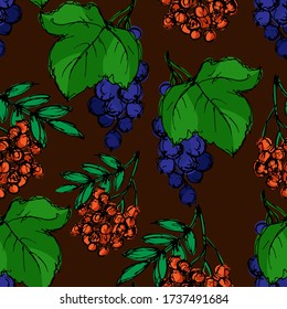 seamless pattern in bright colors, a branch of berries, currants, ornament for wallpaper and fabric, paper for design
