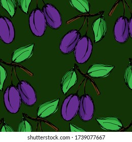 seamless pattern in bright colors, branch with plums, ornament for wallpaper and fabric, paper for design