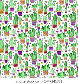 seamless pattern in bright colors, cacti in pots