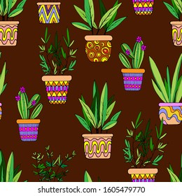 seamless pattern in bright colors, cacti and houseplants in pots, wallpaper ornament, wrapping paper, book design